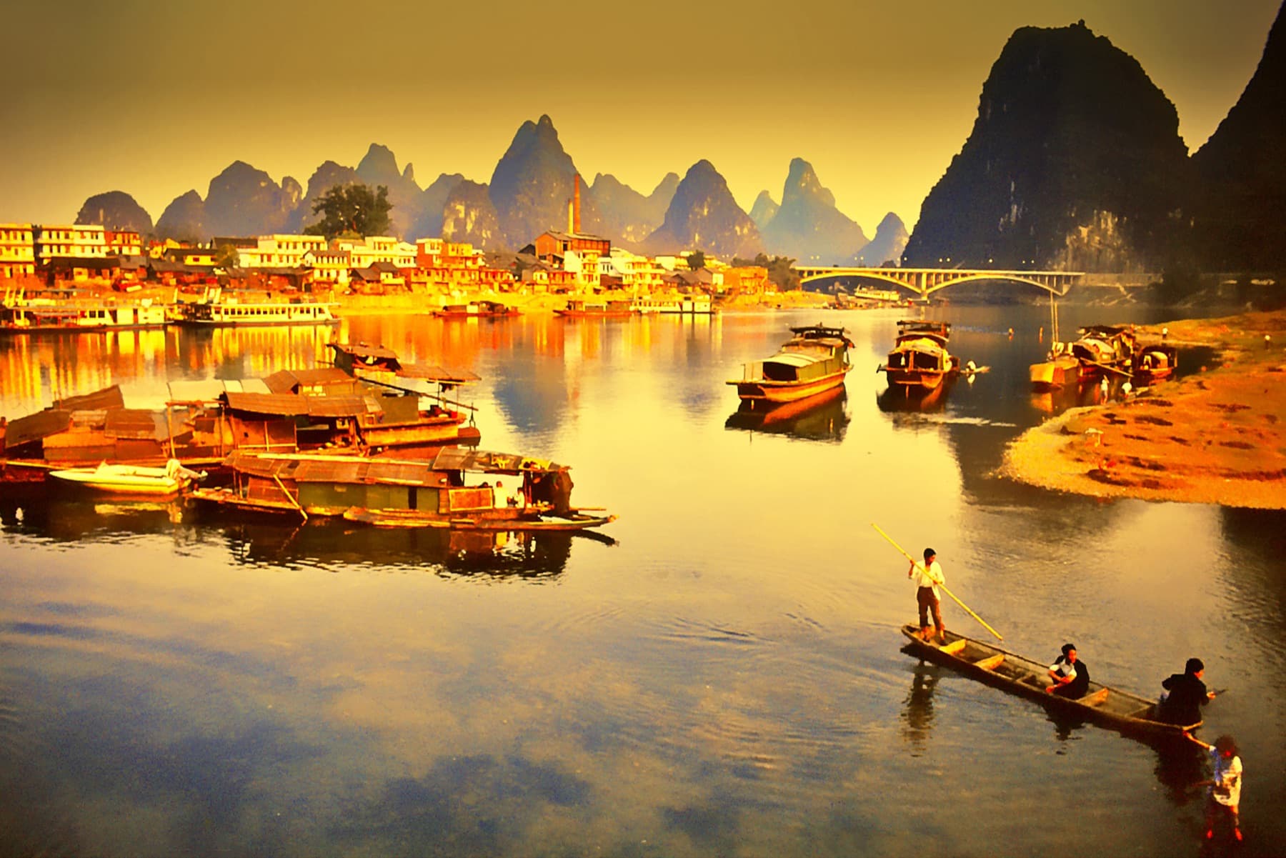 Karst peaks and boats along the Li River near Guilin