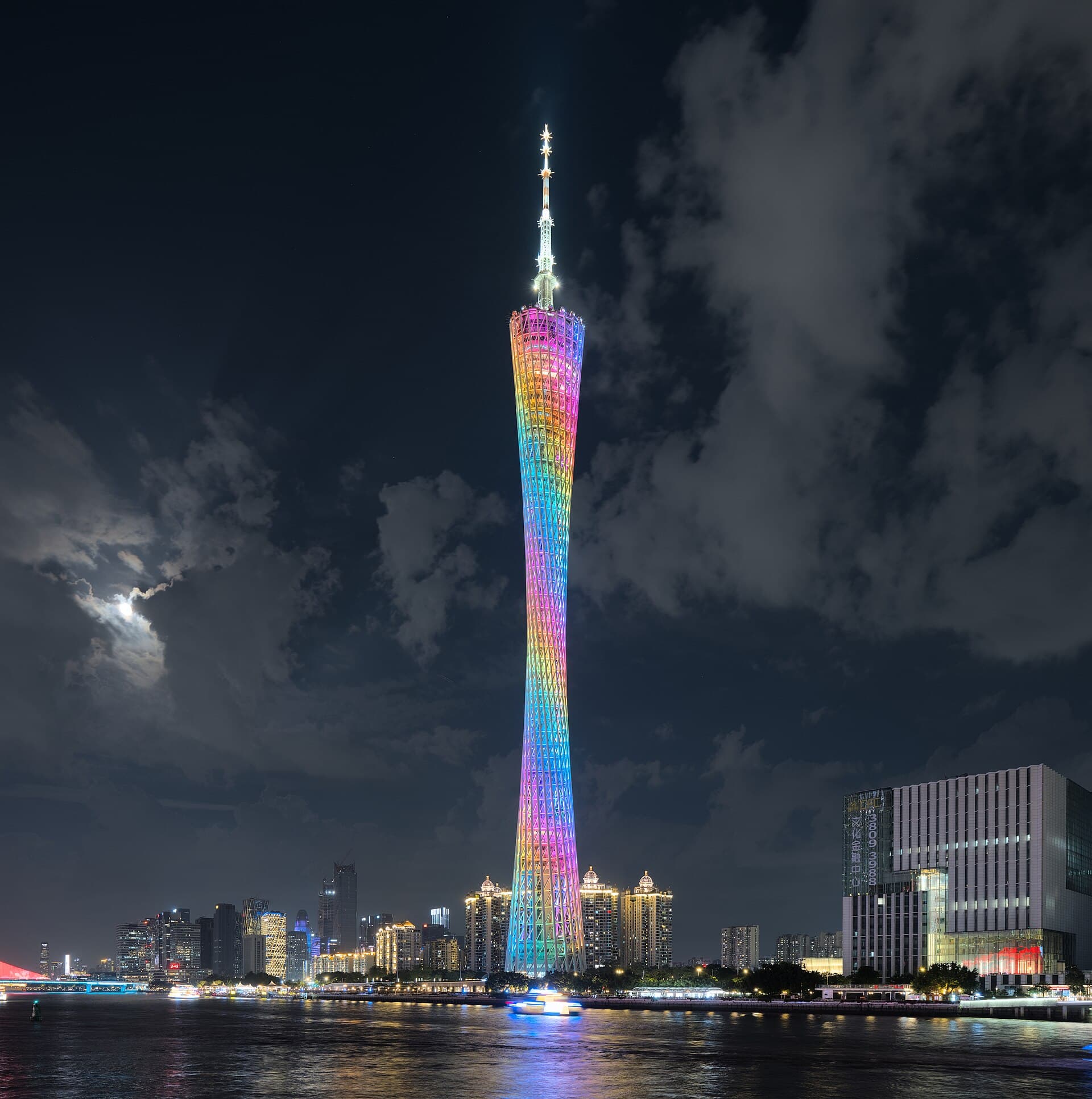 Canton Tower lit at night above Guangzhou